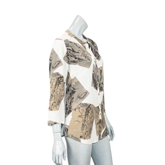 Citron of Santa Monica Women's 100% Silk blouse mandarin collar mountain print M - Picture 3 of 7